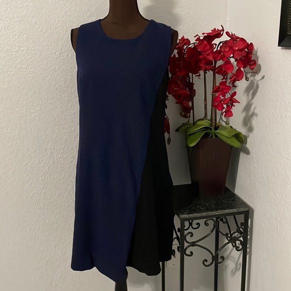 DVF Dark Navy Black Asymmetrical Color Block Sleeveless Dress 10 - Picture 1 of 7